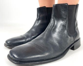 VINTAGE 90s Bass BLACK LEATHER Square Toe Lug Sole Stacked  display picture 1