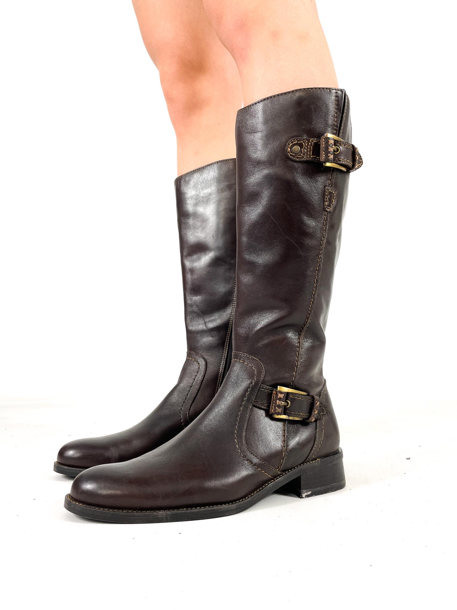 Brown Vintage Knee High Boots Buckle Detail Y2K Real Leather