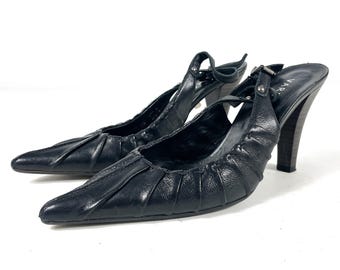 Vintage Black Slingback Heels Pointed Toe Strappy Pumps Elegant Shoes EU 39 / UK 6 / US 8