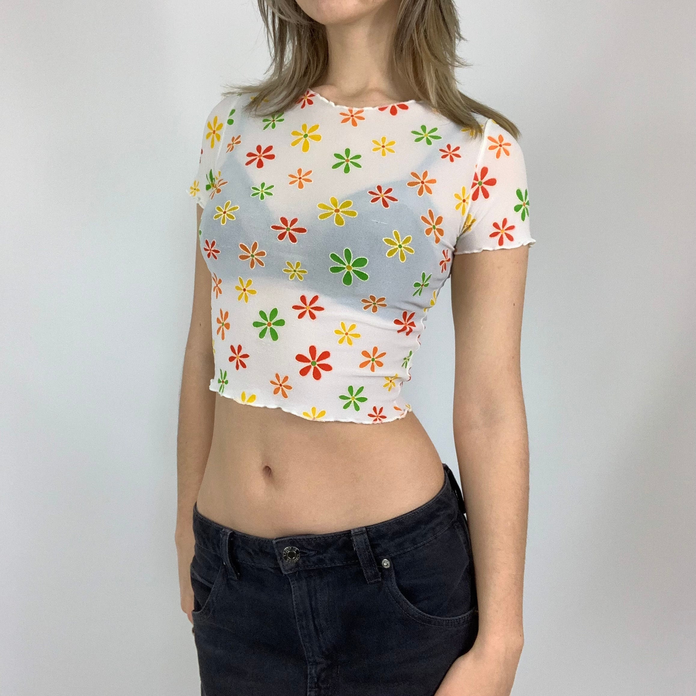 Top corto floral para mujer, colorido Y2K, malla con dobladillo de lechuga, camiseta de manga corta, estilo retro de los 90, elástica, estilo festival, talla XS/extra pequeña