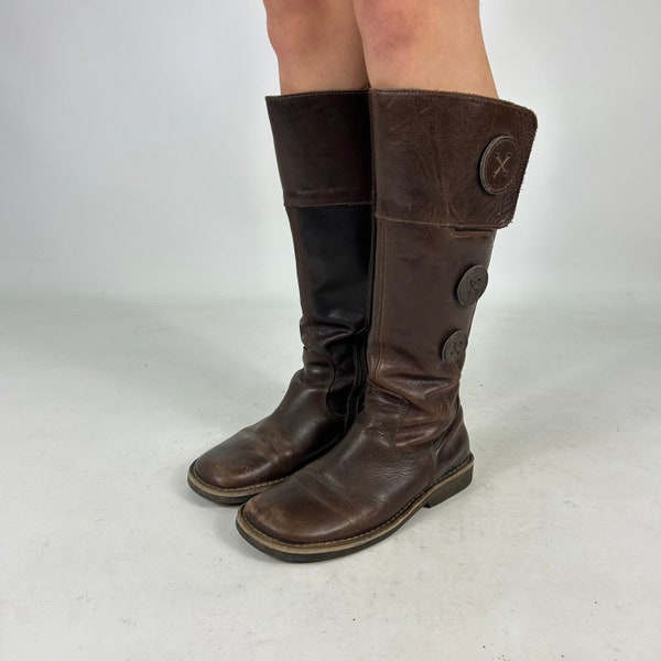 Brown Genuine Leather Knee High Preloved Boots with Side Buttons