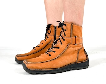 Botines vintage de ante color canela con cordones – Estilo retro de senderismo suave con suela de goma – Talla UE 36 / Reino Unido 3 / EE. UU. 5