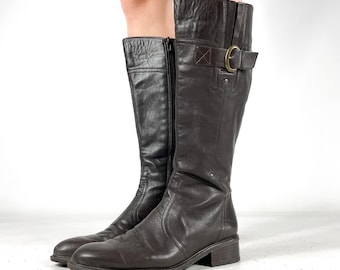 Knee High Boots Brown Real Leather Buckle Riding Boots Made in Portugal - Size EU 37.5 / UK 4.5 / US 6.5