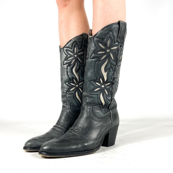 Western Cowboy Boots Black Floral Embroidered Mid Calf Block Heel - Size EU 36 / UK 3 / US 5