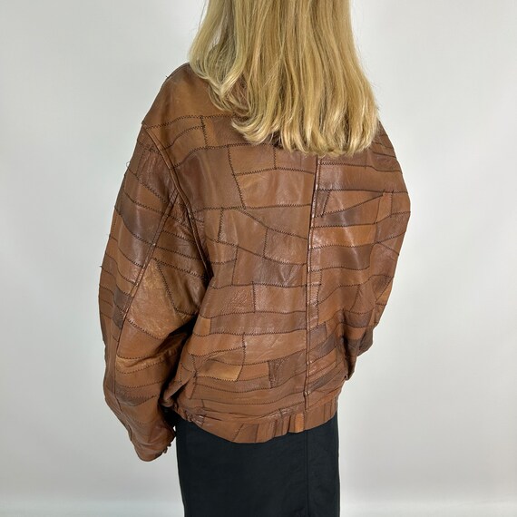 Unique Patchwork Brown Bomber Oversize Real Leath… - image 3