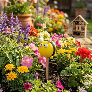 Könnte beinhalten: Ein gelb-schwarzer, bienenförmiger Gartenstecker mit weißen Flügeln und Augen, platziert in einem Blumenbeet mit violettem Salbei, gelben Ringelblumen und rosa Blüten, mit einem kleinen hölzernen Insektenhotel im Hintergrund.