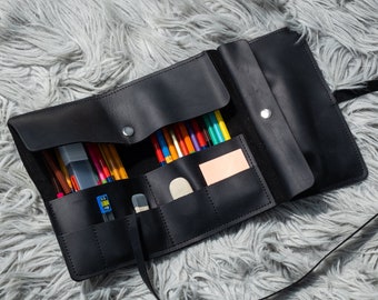 Étui à roulettes en cuir pour artiste, trousse à crayons enroulable avec poche, rouleau à pinceaux d'artiste, porte-crayons en cuir, trousse de voyage, pinceau enroulable