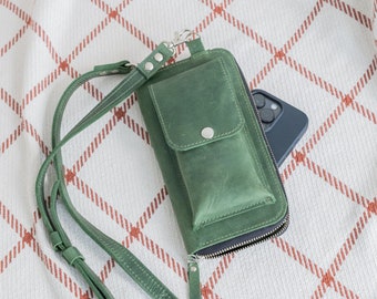 Personalized crossbody phone bag, Small leather phone pouch, Mobile phone bag, Crossbody phone wallet, Leather cell phone bag, iPhone purse