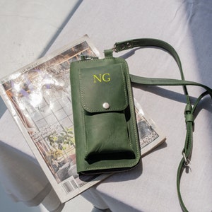 Personalized leather phone bag, Crossbody phone wallet for women, Leather cell phone purse, Crossbody phone pouch, Custom phone bag