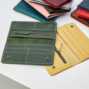 Cartera de piel con monograma para mujer, Cartera de mujer personalizada, Cartera plegable hecha a mano, Cartera larga personalizada, Cartera de piel con nombre