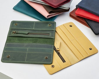 Cartera larga de piel grabada, Cartera larga personalizada, Cartera de piel de dos pliegues para mujer, Cartera de piel con iniciales, Cartera larga de dos pliegues