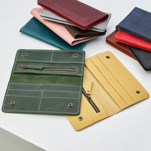 Cartera larga de piel grabada, Cartera larga personalizada, Cartera de piel de dos pliegues para mujer, Cartera de piel con iniciales, Cartera larga de dos pliegues