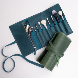 Handgefertigte Leder Make-up Pinselrolle, Reise-Make-up-Pinselhalter, Kosmetikpinselhalter, Aufbewahrungstasche für Make-up-Pinsel