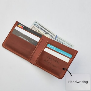 Handwriting leather wallet, Engraved leather wallet men, Personalized small wallet, Small bifold wallet, Monogrammed mens wallet