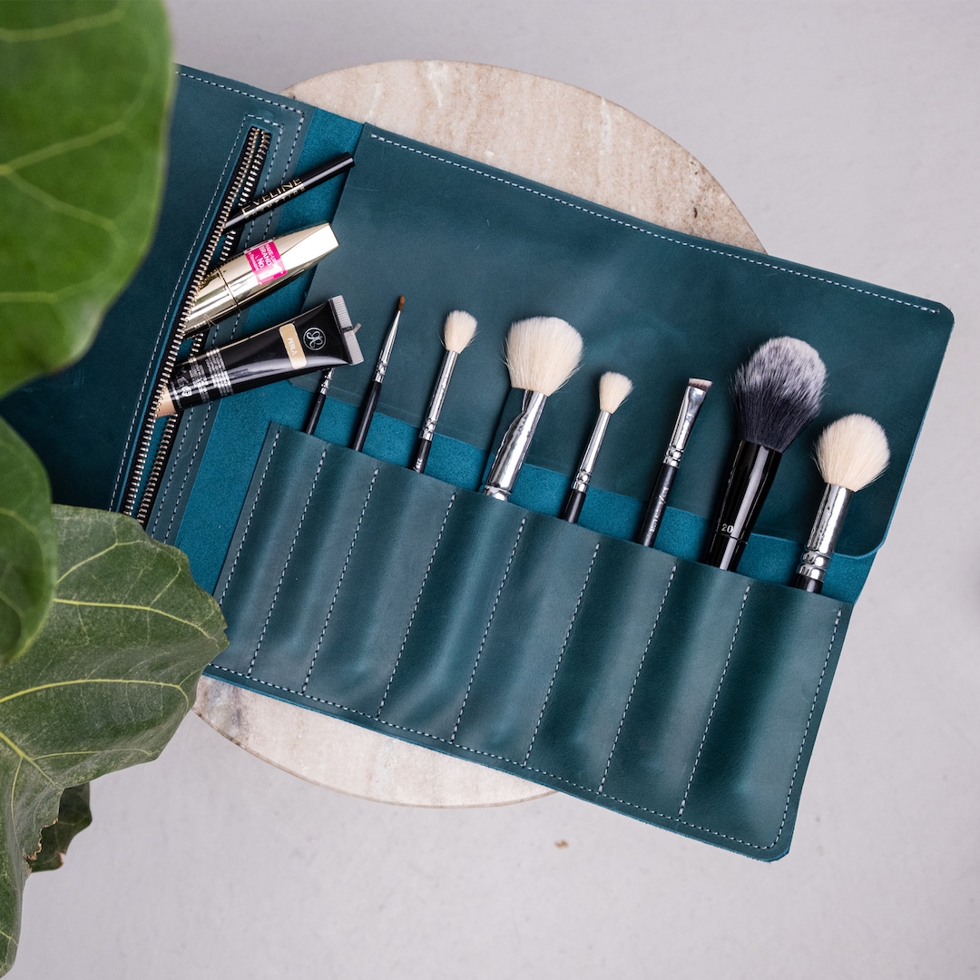 Personalized Leather Makeup Brush Roll, Makeup Brush Holder Travel