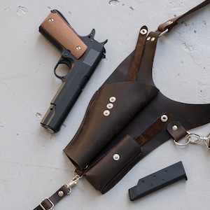 Colt 1911 holster, Custom gun holster, Leather shoulder gun holster, Underarm gun holster, Leather gun holder, Leather gun accessories image 4