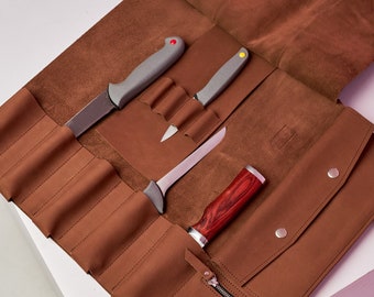 Bolsa de rollo de cuchillo de cuero personalizada, Rollo de cuchillo de chef, Almacenamiento de cuchillos de cuero, Rollo de cuchillo grabado, Caja de cuchillo de cuero, Rollo organizador de cuchillos