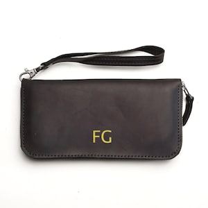 Cartera larga de cuero con monograma, Cartera de cuero tipo pulsera, Cartera larga con cremallera, Cartera de cuero hecha a mano para mujer, Cartera de muñeca personalizada
