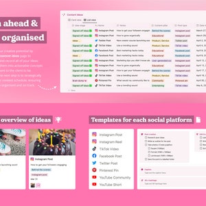 May include: A pink and white graphic with the text "Plan ahead & stay organised" and a visual overview of ideas for social media content. The graphic includes a list of content ideas, templates for each social media platform, and a visual overview of ideas.