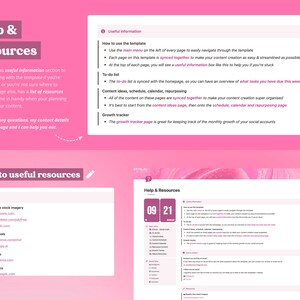 May include: A pink and white digital planner with the text "Help & Resources" and "09 21" on the cover. The planner includes sections for to-do lists, content ideas, scheduling, calendar, repurposing, and growth tracking. The planner also includes links to useful resources such as royalty-free stock imagery, AI writing tools, design tools, and free graphics.