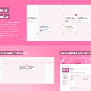 May include: A pink and white content calendar with a weekly and monthly view. The calendar shows a list of scheduled posts for different social media platforms, including Facebook, Instagram, and TikTok. The calendar also includes a section for tracking whether posts have been scheduled or posted.