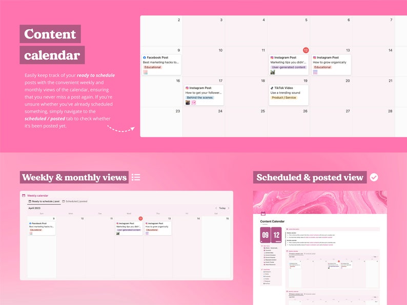 May include: A pink and white content calendar with a weekly and monthly view. The calendar shows a list of scheduled posts for different social media platforms, including Facebook, Instagram, and TikTok. The calendar also includes a section for tracking whether posts have been scheduled or posted.