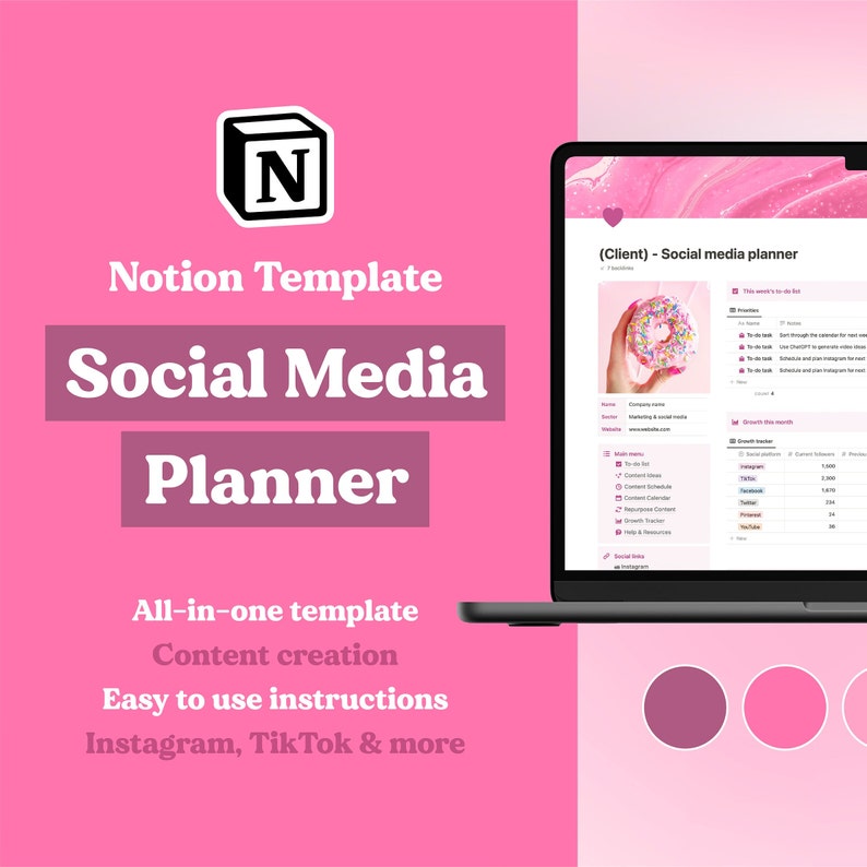 May include: A pink and white laptop screen displaying a Notion template for social media planning. The template includes sections for content ideas, a content calendar, resources, and a growth tracker. The text on the screen reads "(Client) - Social media planner".