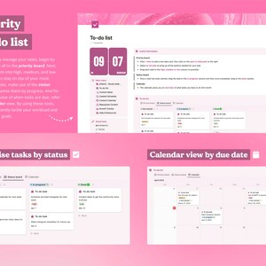 May include: A pink and white digital to-do list app with a calendar view, priority board, and status board. The app is designed to help users organize and manage their tasks.