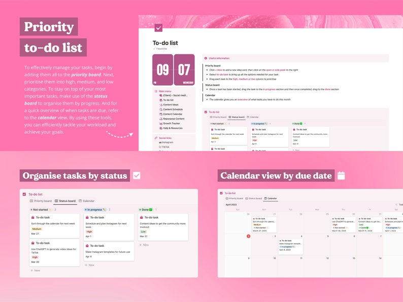 May include: A pink and white digital to-do list app with a calendar view, priority board, and status board. The app is designed to help users organize and manage their tasks.