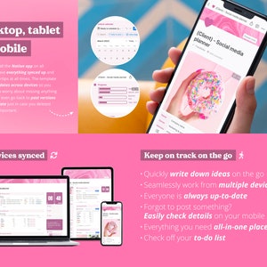 May include: A screenshot of a mobile phone displaying a social media planner app. The app has a pink and white color scheme and features a donut with sprinkles. The text on the screen reads "(Client) - Social media planner".