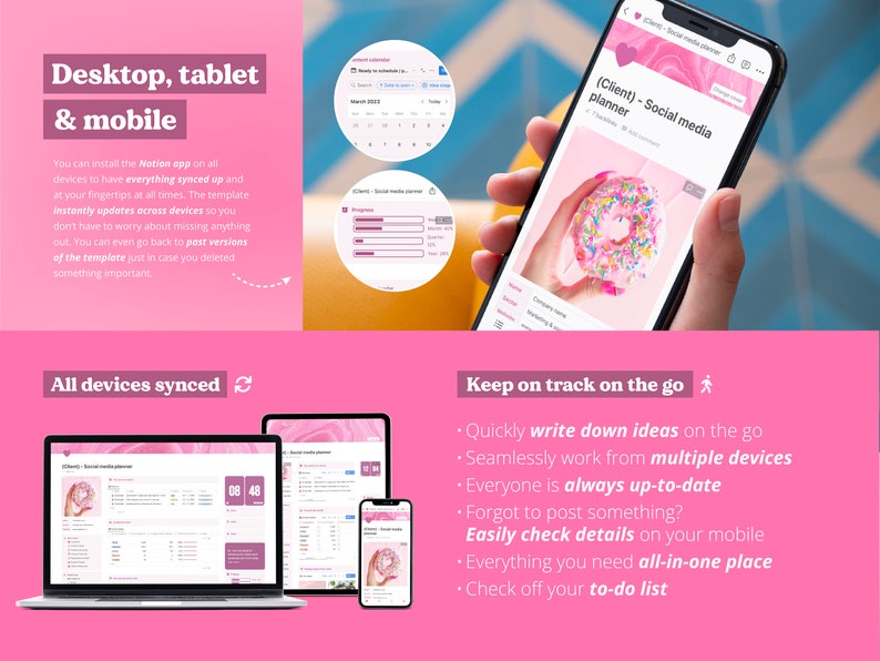 May include: A screenshot of a mobile phone displaying a social media planner app. The app has a pink and white color scheme and features a donut with sprinkles. The text on the screen reads "(Client) - Social media planner".