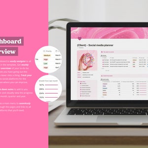 May include: A laptop computer screen displaying a social media planner with a pink and white color scheme. The planner includes a to-do list, growth metrics, and a section for tracking social media engagement. The screen also features a donut with pink frosting and colorful sprinkles.