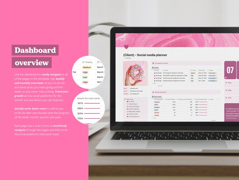 May include: A laptop computer screen displaying a social media planner with a pink and white color scheme. The planner includes a to-do list, growth metrics, and a section for tracking social media engagement. The screen also features a donut with pink frosting and colorful sprinkles.