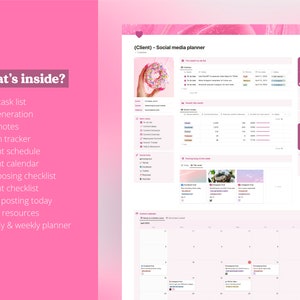 May include: A pink and white social media planner with a calendar, to-do list, and growth tracker. The planner includes a section for "What's posting today" and a timer that reads "08 48".