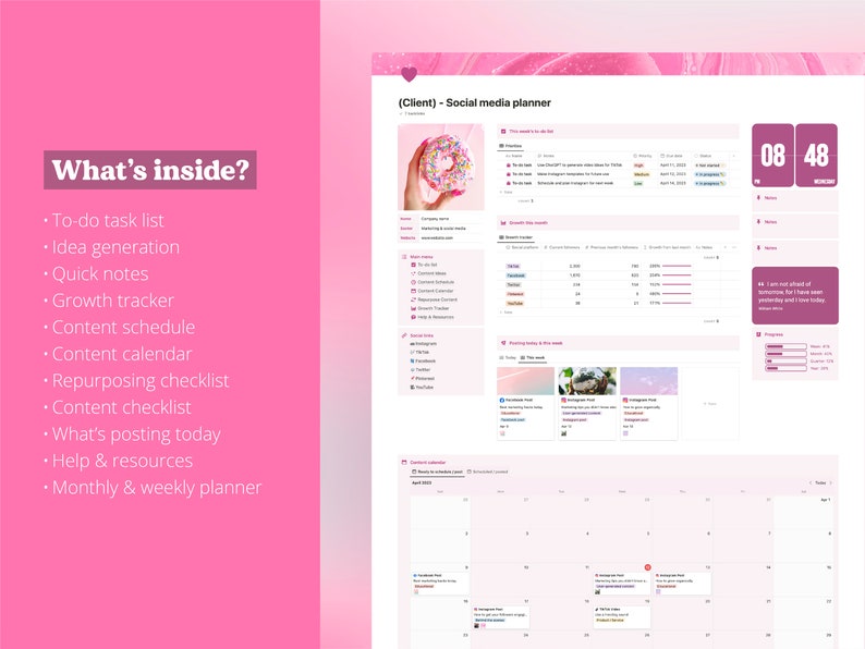 May include: A pink and white social media planner with a calendar, to-do list, and growth tracker. The planner includes a section for "What's posting today" and a timer that reads "08 48".