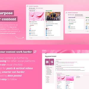 May include: A pink and white digital checklist with the title "Repurpose Content" and a timer set to 09:15. The checklist provides tips for repurposing content for different social media platforms, including Instagram, TikTok, YouTube, and Facebook.