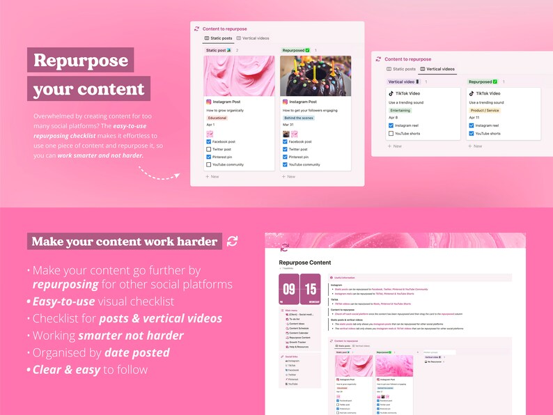 May include: A pink and white digital checklist with the title "Repurpose Content" and a timer set to 09:15. The checklist provides tips for repurposing content for different social media platforms, including Instagram, TikTok, YouTube, and Facebook.