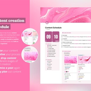 May include: A pink and white content creation schedule template with a calendar, a list of social media platforms, and a drag-and-drop interface for organizing content. The text "Content Schedule" is at the top of the template.