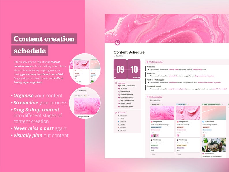 May include: A pink and white content creation schedule template with a calendar, a list of social media platforms, and a drag-and-drop interface for organizing content. The text "Content Schedule" is at the top of the template.