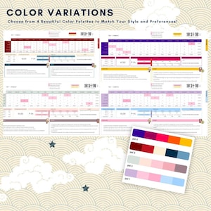 Pode incluir: Quatro paletas de cores diferentes para um planejador de orçamento. As paletas são vermelho, rosa, roxo e azul. O planejador tem um calendário, uma seção para receitas e despesas, e uma seção para notas. O texto no planejador diz "家計簿", que significa "orçamento doméstico" em japonês.