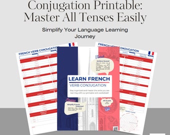 Peut inclure: Une feuille de travail imprimable pour apprendre la conjugaison des verbes français. La feuille de travail présente un schéma de couleurs rouge, blanc et bleu avec un graphique de la tour Eiffel. Le texte "Apprendre la conjugaison des verbes français" est imprimé sur la feuille de travail. Le texte "Restez organisé et maîtrisez les verbes que vous apprenez avec notre feuille de travail imprimable!" est également imprimé sur la feuille de travail.