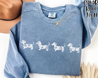 Comfort Colors Blue Toile Dachshund Sweatshirt - Dog Mom Gift
