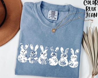 Comfort Colors Easter Bunny Peeps T-Shirt, Blue Toile Peeps Easter Shirt, Easter Gift, Happy Easter Bunny Shirt, Cute Bunny Tee