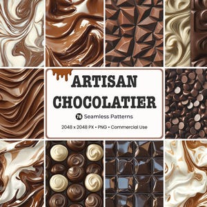 May include: A collection of chocolate-themed seamless patterns. The image features various textures, including swirls, geometric shapes, and chocolate chips. The text reads "ARTISAN CHOCOLATIER" and lists 76 patterns, 2048 x 2048 PX, PNG, and Commercial Use.