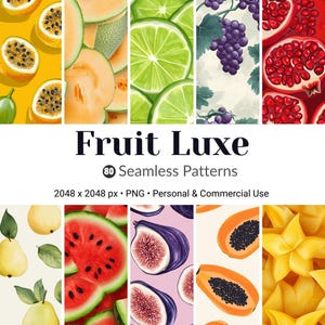 Fruit Seamless Pattern Bundle: Tropical Watercolor Digital Papers (PNG, Commercial Use)