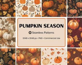 May include: A digital collection of 35 seamless patterns featuring pumpkins and autumn leaves in various color palettes. The central text reads PUMPKIN SEASON, 35 Seamless Patterns, 2048 x 2048 px, PNG, Commercial Use. The patterns display orange, white, and brown pumpkins.
