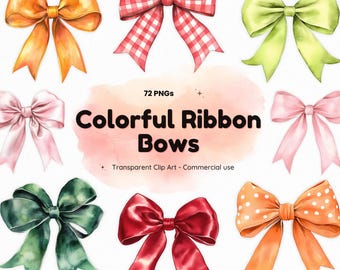 Watercolor Ribbon Bows Clipart, Pastel Gift Wrap, Planner Stickers (PNG Download)