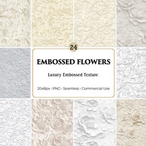 Puede incluir: Una colección de 24 texturas de flores en relieve en varios tonos de blanco, crema y beige. Los diseños incluyen patrones florales y arreglos florales detallados. La imagen incluye el texto "EMBOSSED FLOWERS" y "Luxury Embossed Texture".