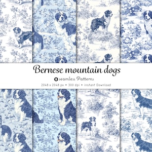 Bernese Mountain Dog Toile Blue Seamless Patterns PNG, Chinoiserie Digital Paper, Repeating Tile, Scrapbook, Commercial Use Printable