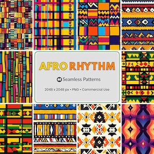Könnte beinhalten: Eine Sammlung farbenfroher nahtloser Muster mit geometrischen und abstrakten Designs. Die Muster weisen eine Vielzahl von Farben auf, darunter Rot, Gelb, Blau und Grün. Das Bild enthält den Text "AFRO RHYTHM" und "40 Seamless Patterns".